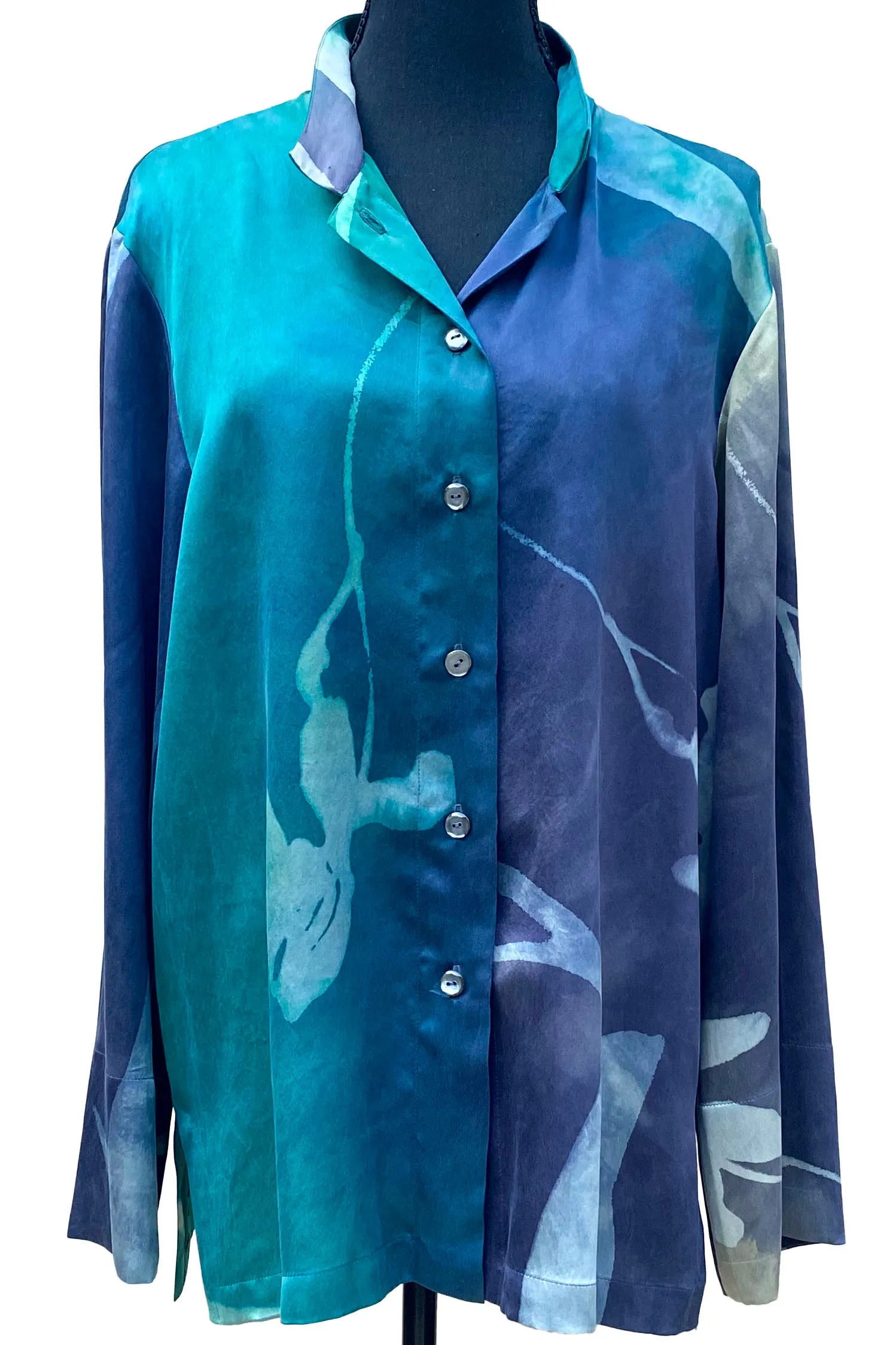 Marie PJ Blouse w/ Tulip Print Painted - Turquoise Blue - Medium