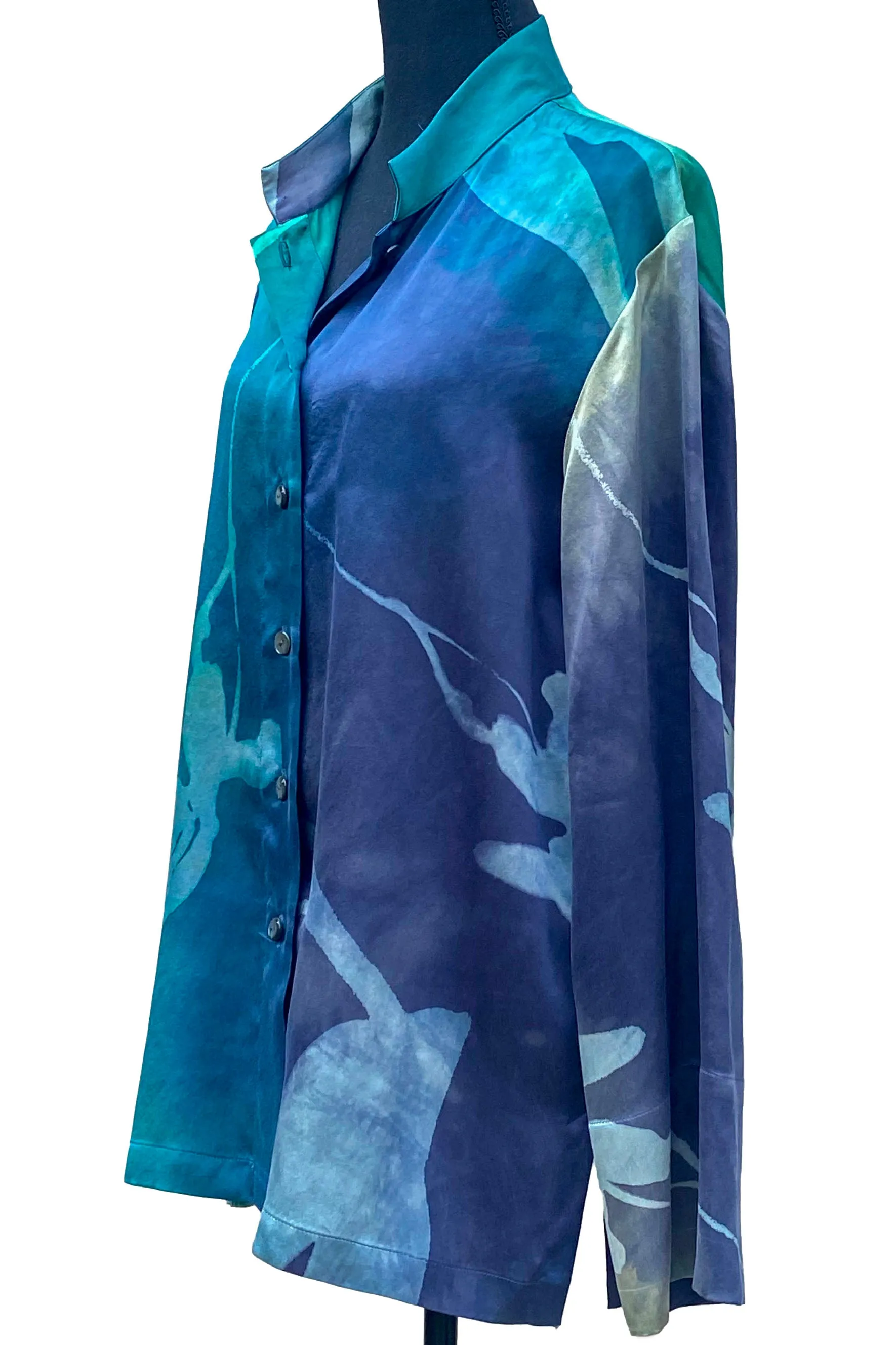 Marie PJ Blouse w/ Tulip Print Painted - Turquoise Blue - Medium
