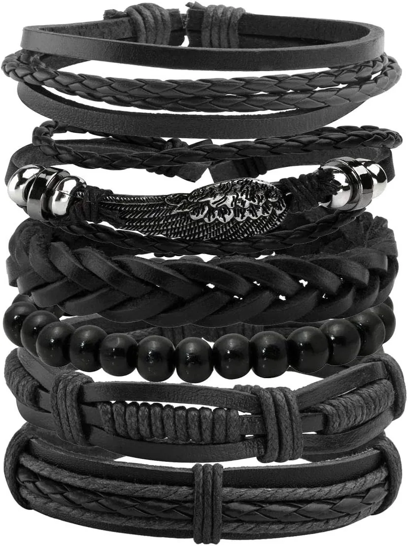 Mens Bracelet Braided Leather Punk Rock Cuff Bracelets Wrap Bracelet for Men Women Black
