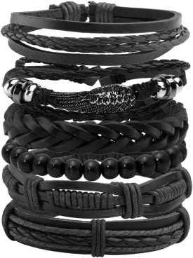 Mens Bracelet Braided Leather Punk Rock Cuff Bracelets Wrap Bracelet for Men Women Black