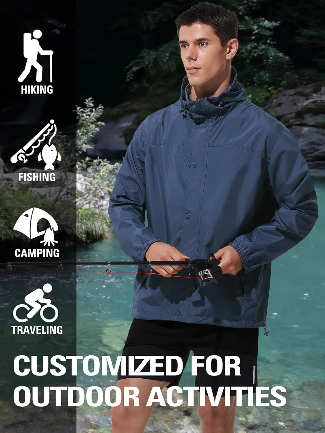 Mens Lightweight Rain Jacket Waterproof Windbreaker Packable Rain Coat with Hood for Golf Running Hiking Travel