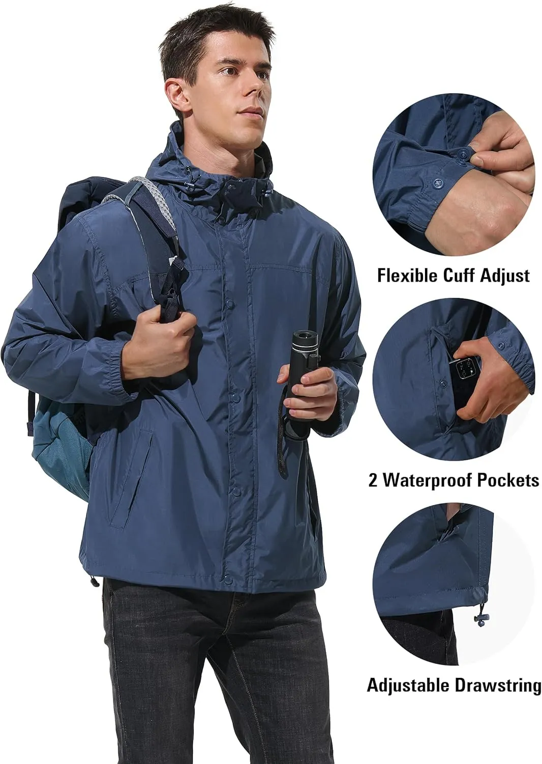 Mens Lightweight Rain Jacket Waterproof Windbreaker Packable Rain Coat with Hood for Golf Running Hiking Travel