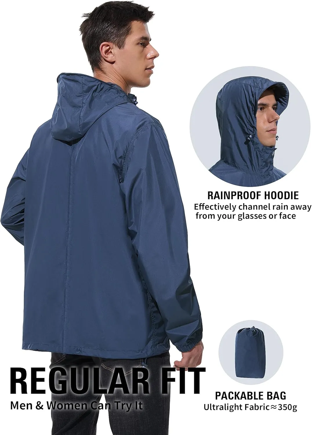 Mens Lightweight Rain Jacket Waterproof Windbreaker Packable Rain Coat with Hood for Golf Running Hiking Travel