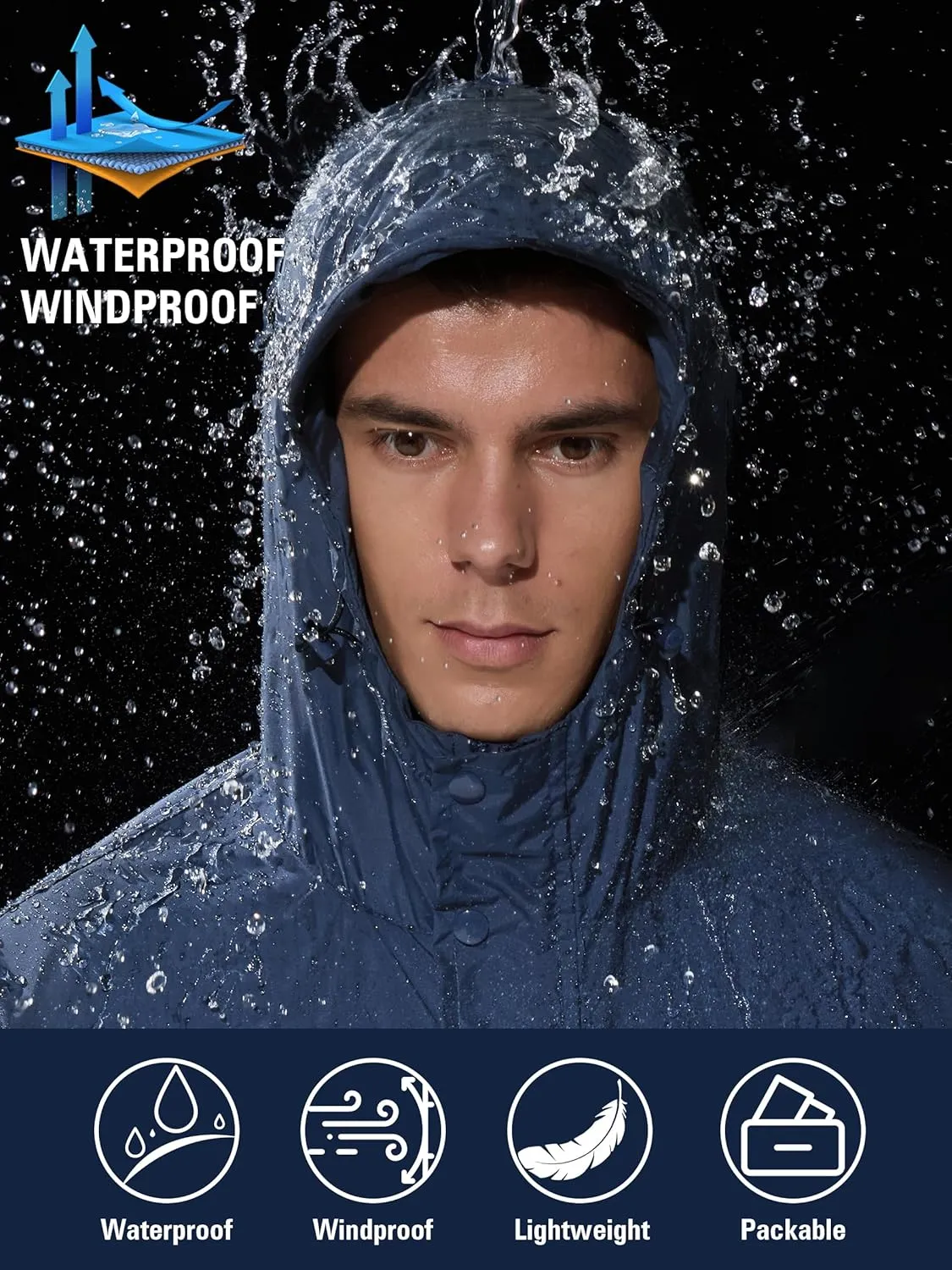 Mens Lightweight Rain Jacket Waterproof Windbreaker Packable Rain Coat with Hood for Golf Running Hiking Travel