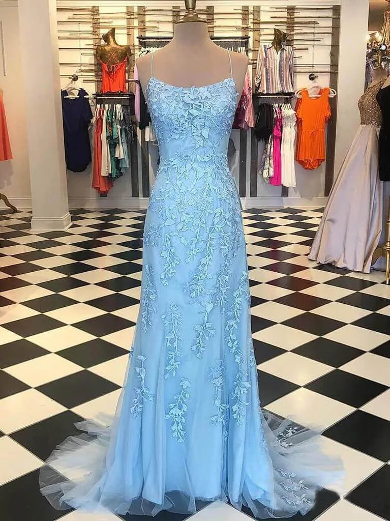 Mermaid Blue Prom Dress Lace African Long Prom Dress #ER420