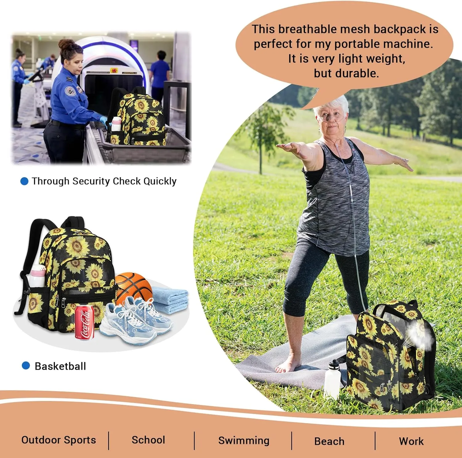 MOONBABY Mesh Backpack Heavy Duty, See Through School Backpack Transparent Bookbag for Swimming, Beach, Sports, Work, Travel