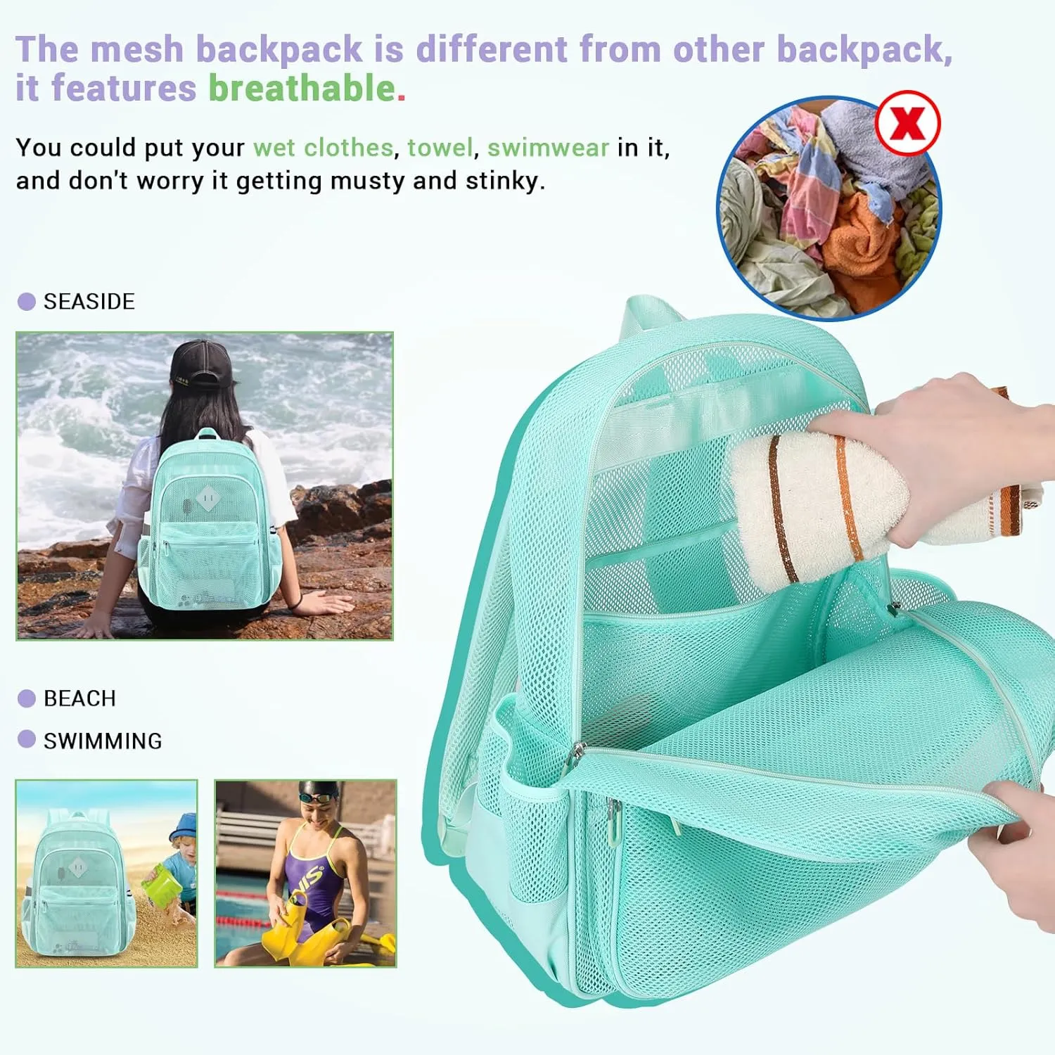 MOONBABY Mesh Backpack Heavy Duty, See Through School Backpack Transparent Bookbag for Swimming, Beach, Sports, Work, Travel