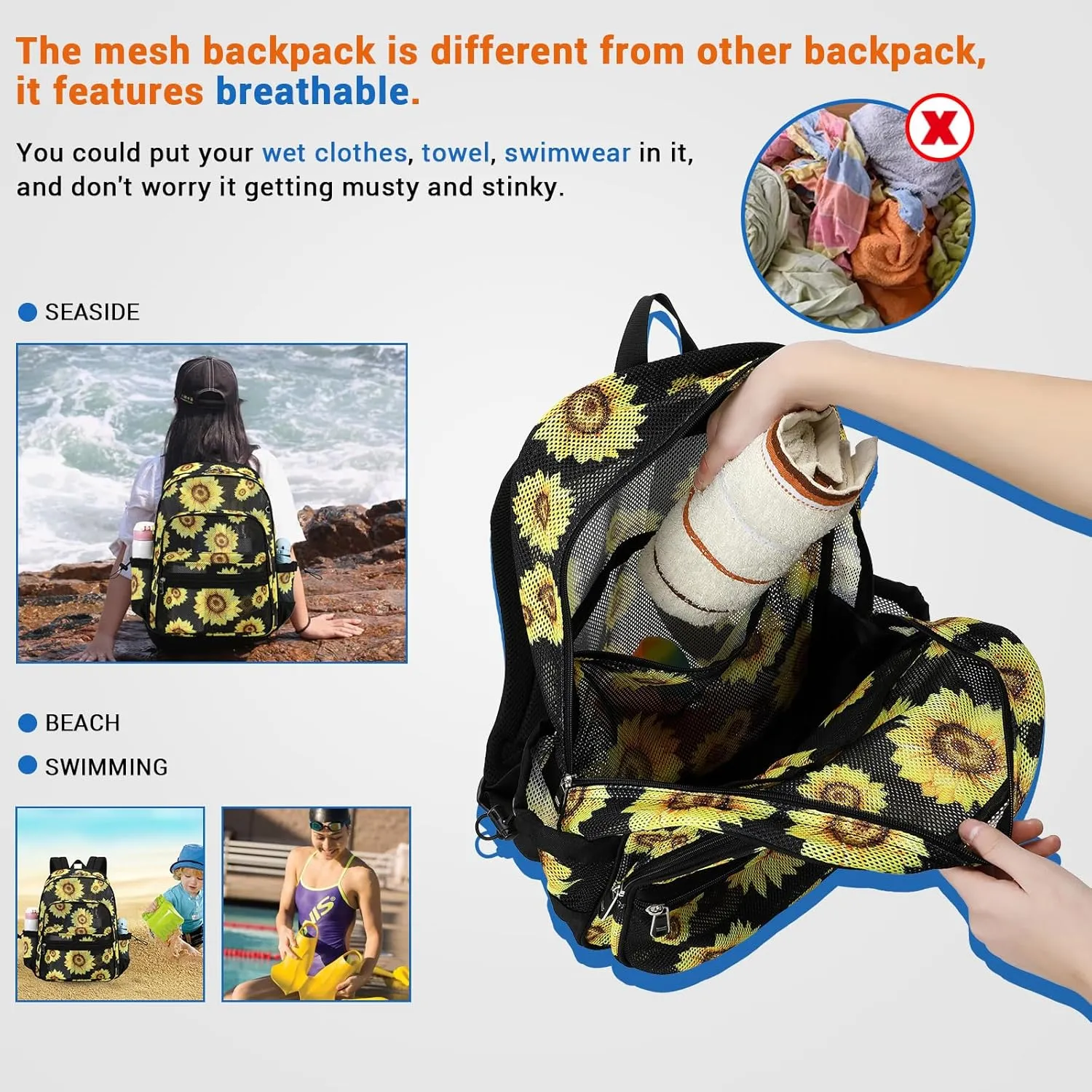 MOONBABY Mesh Backpack Heavy Duty, See Through School Backpack Transparent Bookbag for Swimming, Beach, Sports, Work, Travel