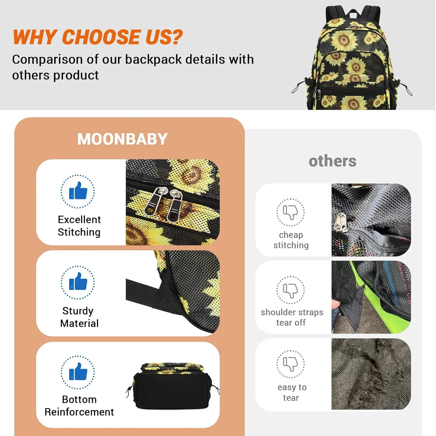 MOONBABY Mesh Backpack Heavy Duty, See Through School Backpack Transparent Bookbag for Swimming, Beach, Sports, Work, Travel