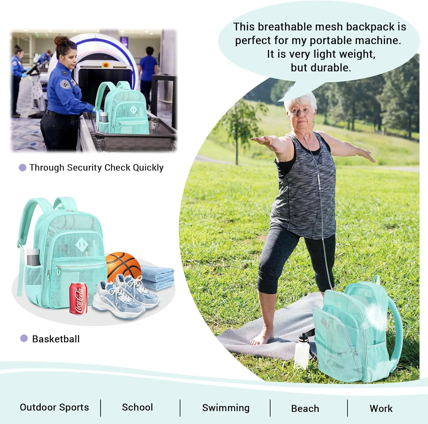 MOONBABY Mesh Backpack Heavy Duty, See Through School Backpack Transparent Bookbag for Swimming, Beach, Sports, Work, Travel