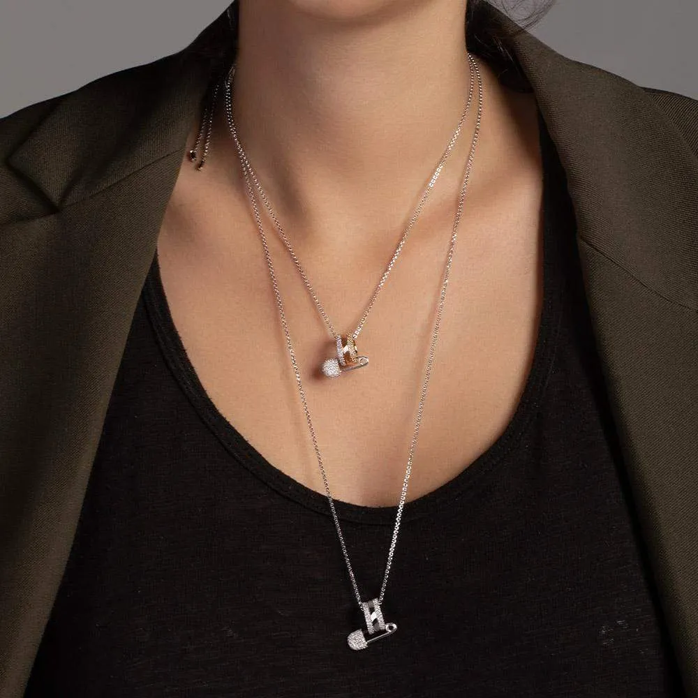 Multicolor Safety Pin Adjustable Necklace - White Silver