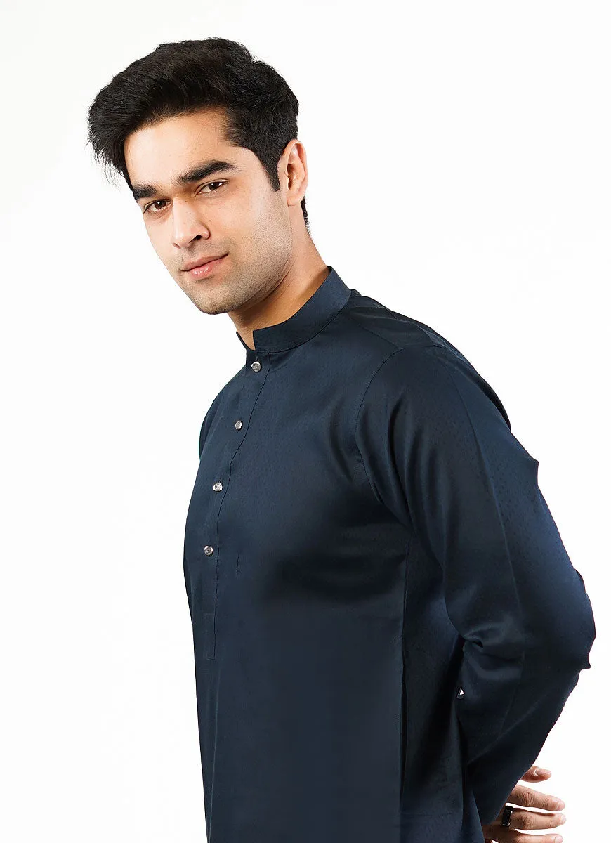 Navy Blue Dotted Dobby Design Phantom Cotton Kurta