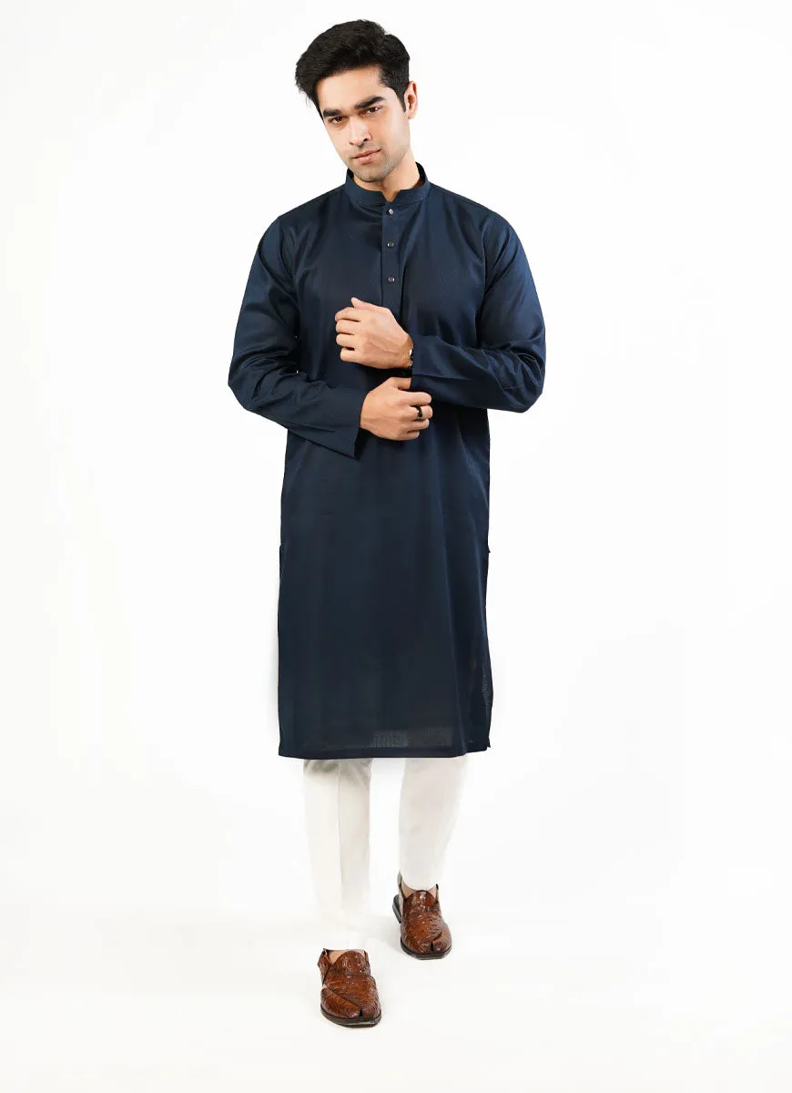 Navy Blue Dotted Dobby Design Phantom Cotton Kurta