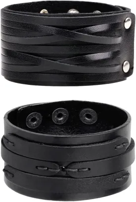 NIGHTCRUZ Punk Leather Cuff Bracelet, 2PCS Vintage Leather Wristband for Men Women