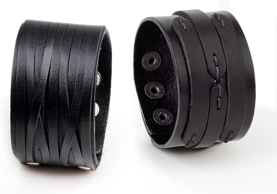 NIGHTCRUZ Punk Leather Cuff Bracelet, 2PCS Vintage Leather Wristband for Men Women