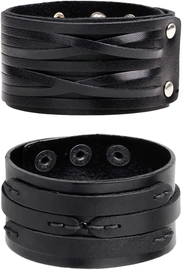 NIGHTCRUZ Punk Leather Cuff Bracelet, 2PCS Vintage Leather Wristband for Men Women