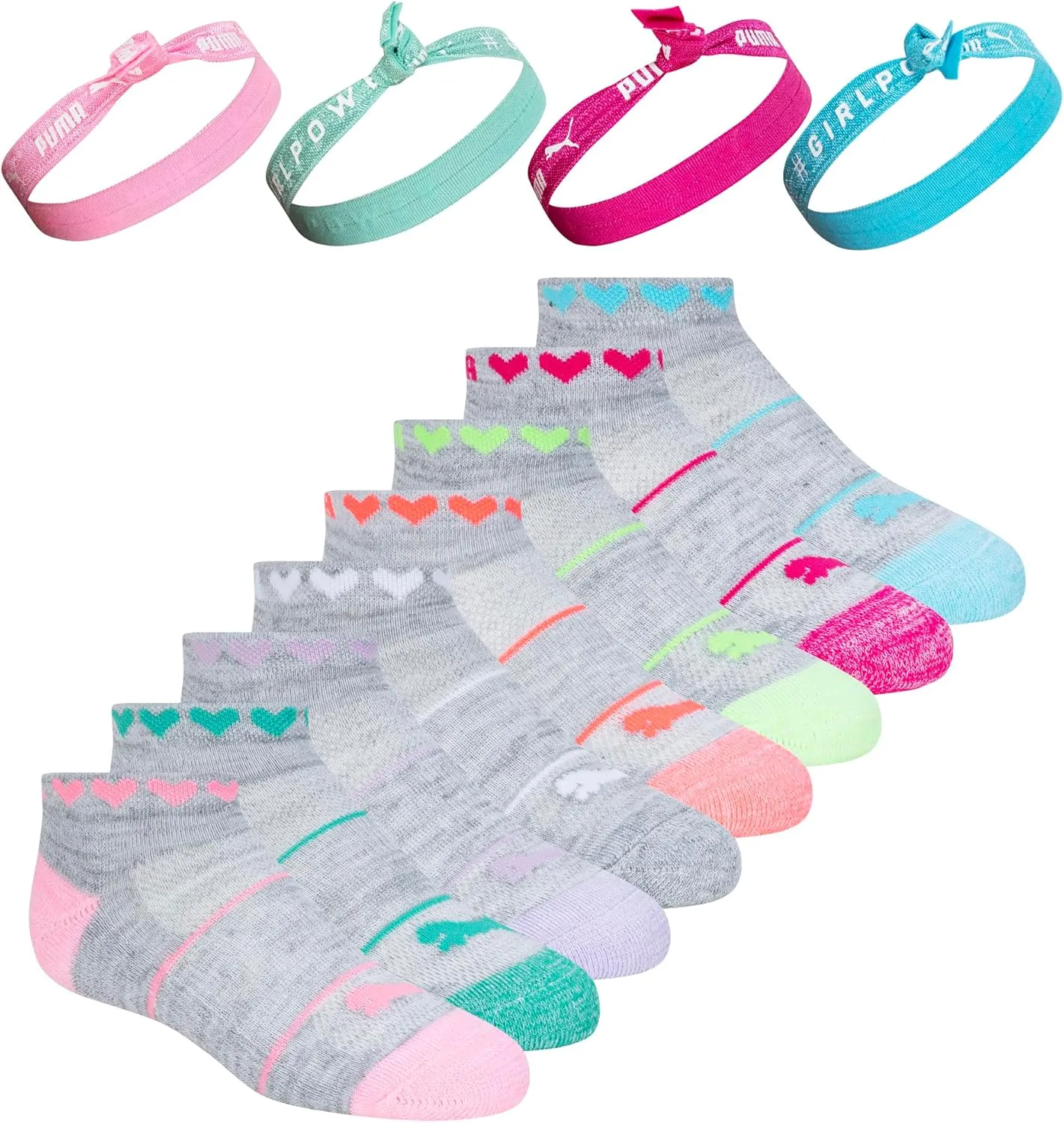 PUMA Girls' Little 8 Pack Low Cut Socks   Hair Ties