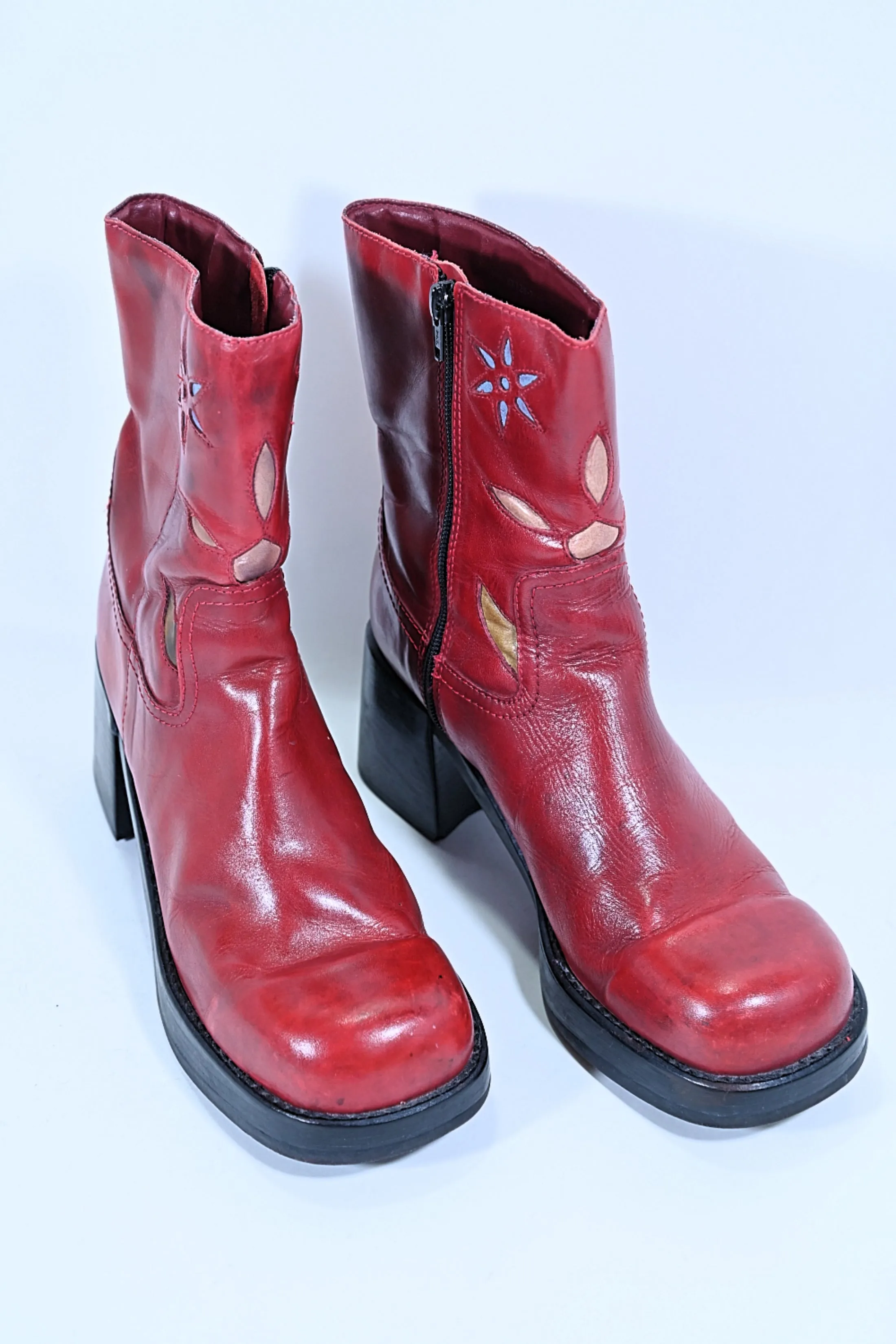 SOLD 90s Red Leather Chunky Heel Toe Platform Ankle Boots, Y2K Bratz Style Size 11M