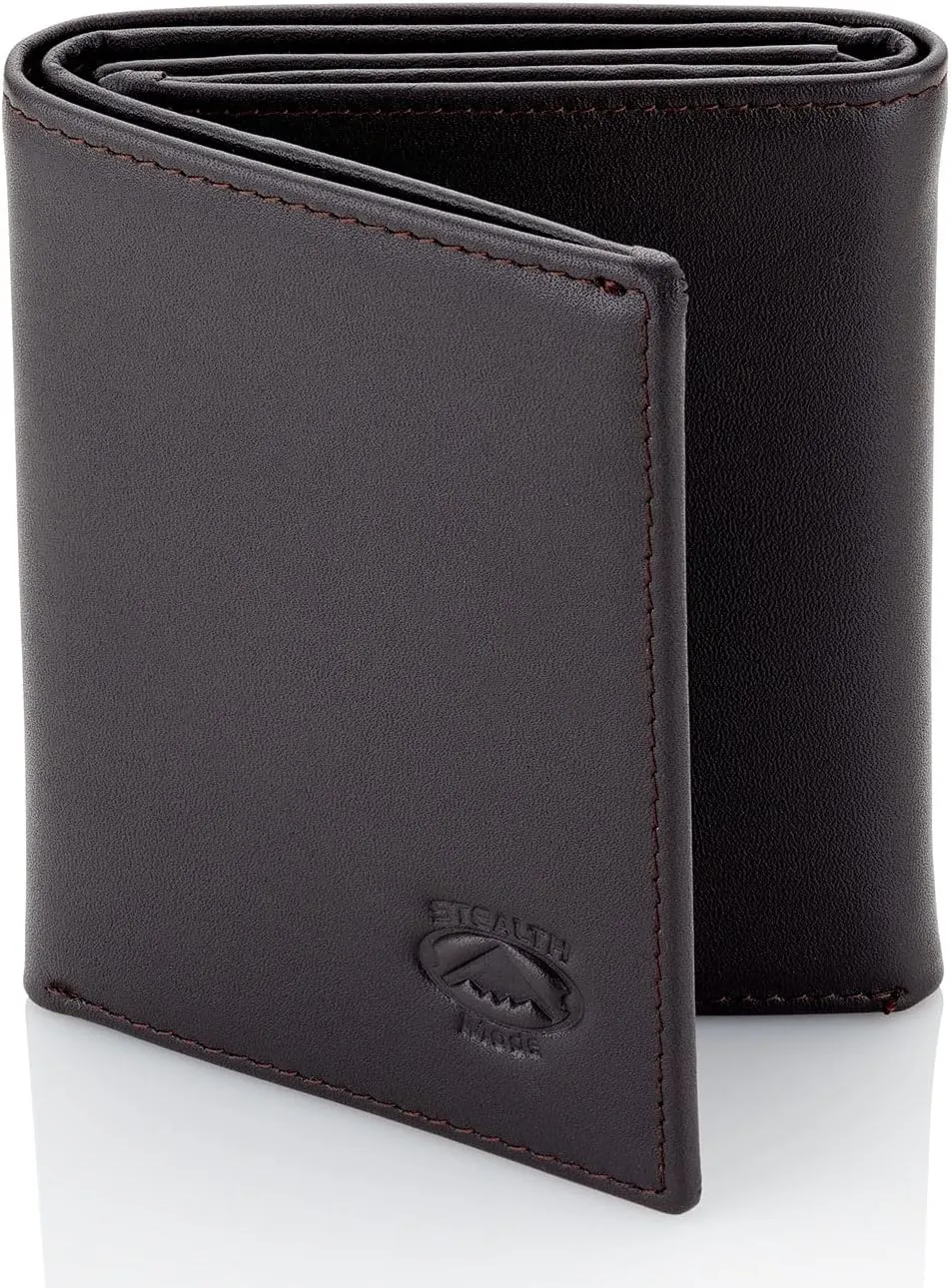 Stealth Mode Leather Trifold RFID Wallet For Men With Flip Out ID Holder (Coffee)