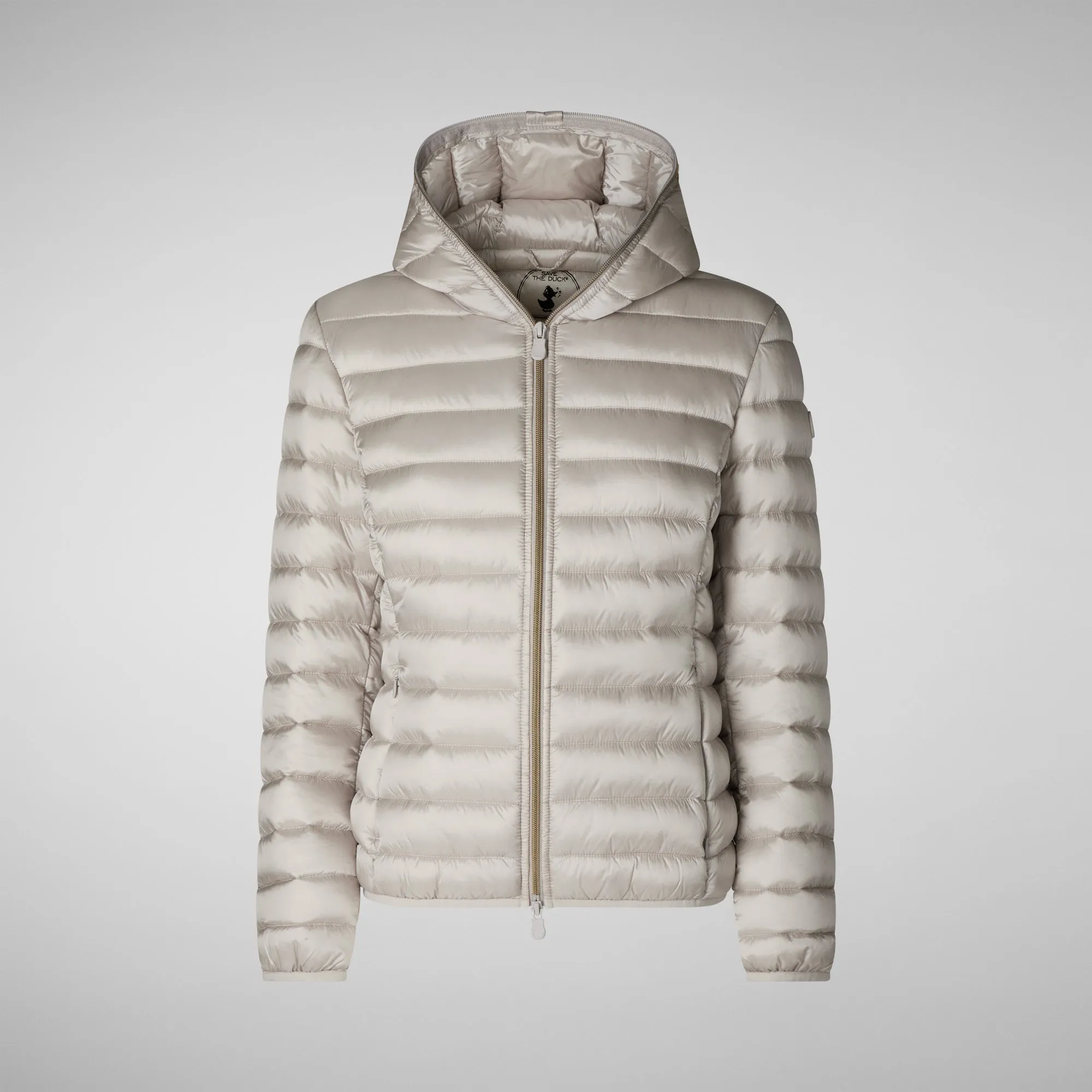 Woman's animal free hooded puffer jacket Alexis in rainy beige