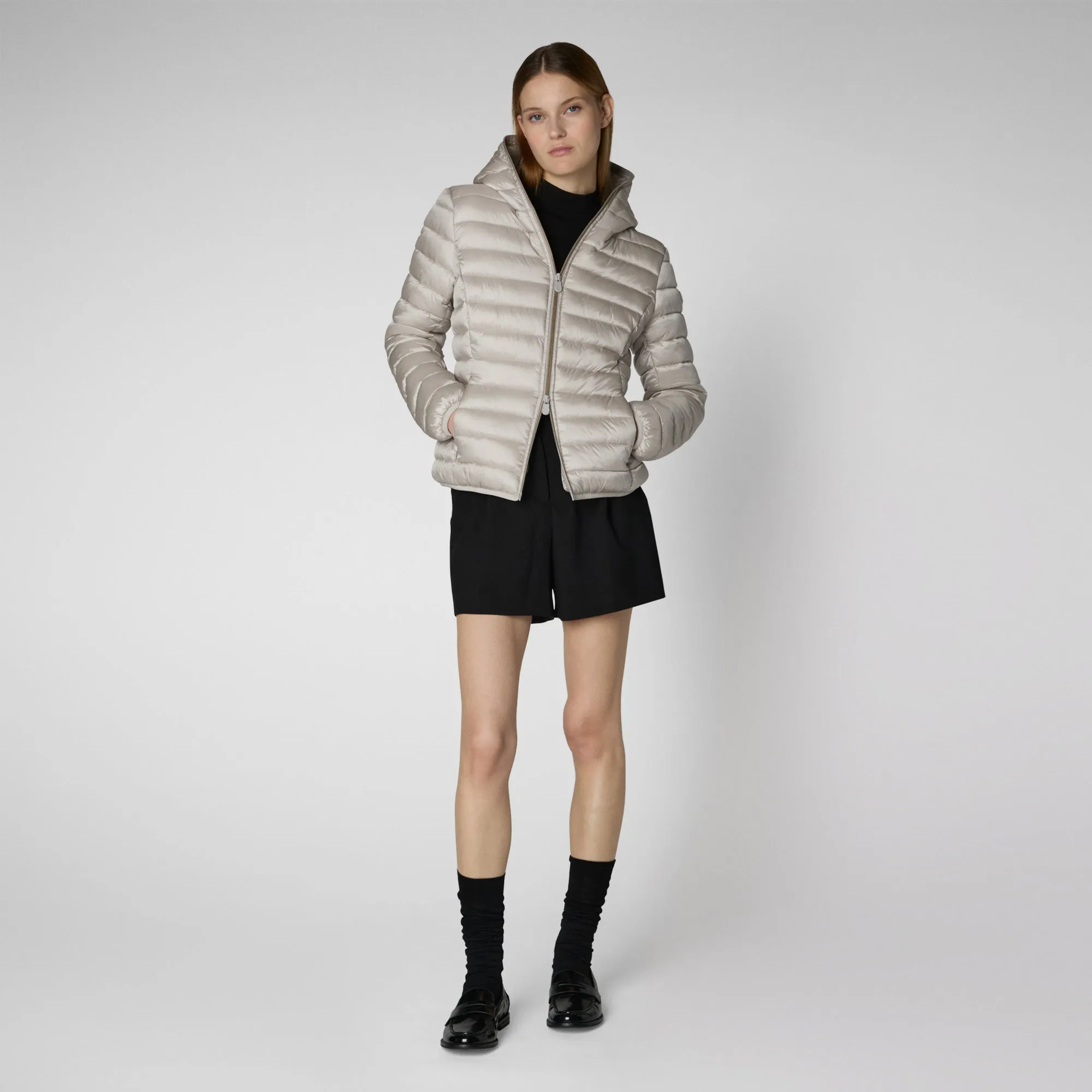 Woman's animal free hooded puffer jacket Alexis in rainy beige