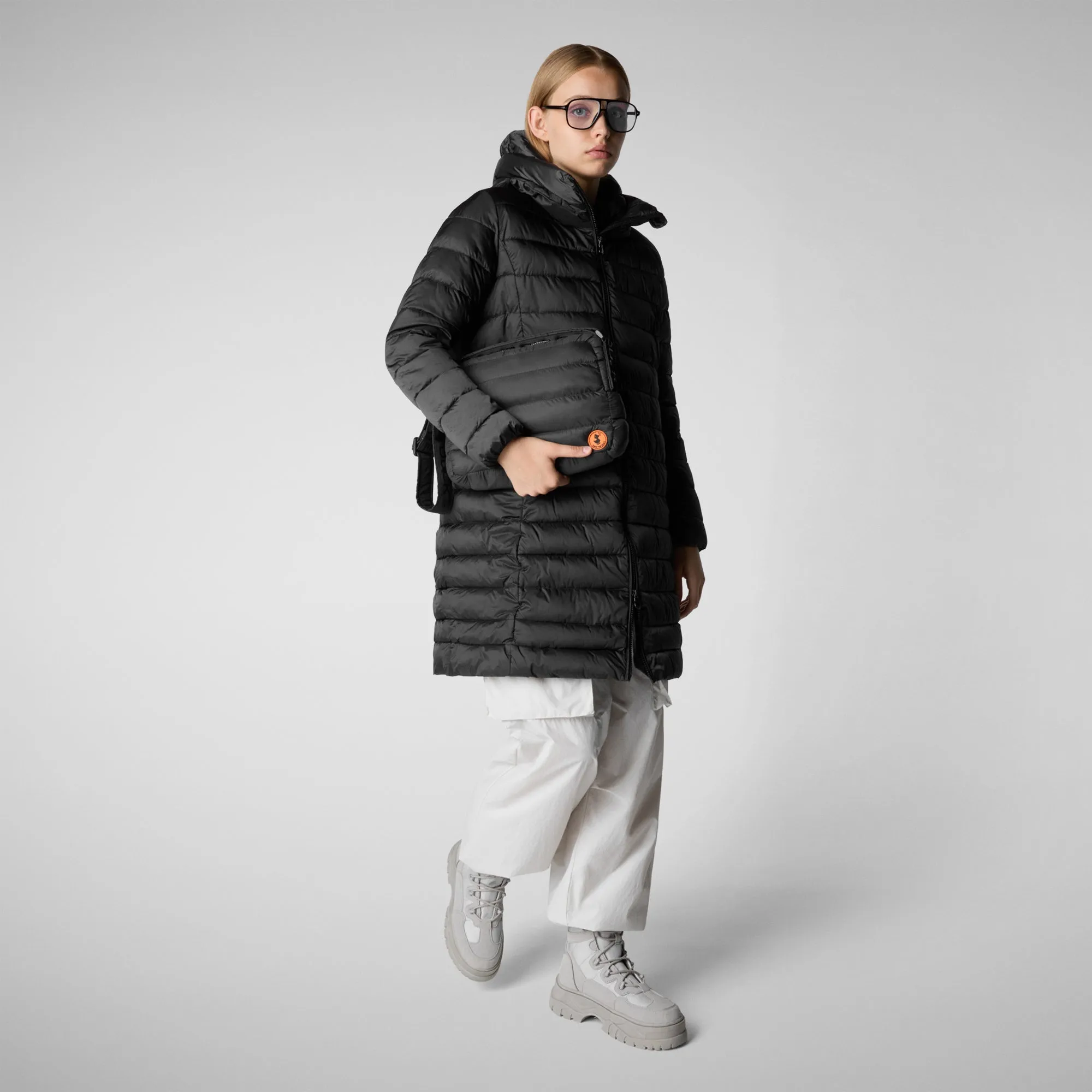 Woman's animal free hooded puffer jacket Saffron in black